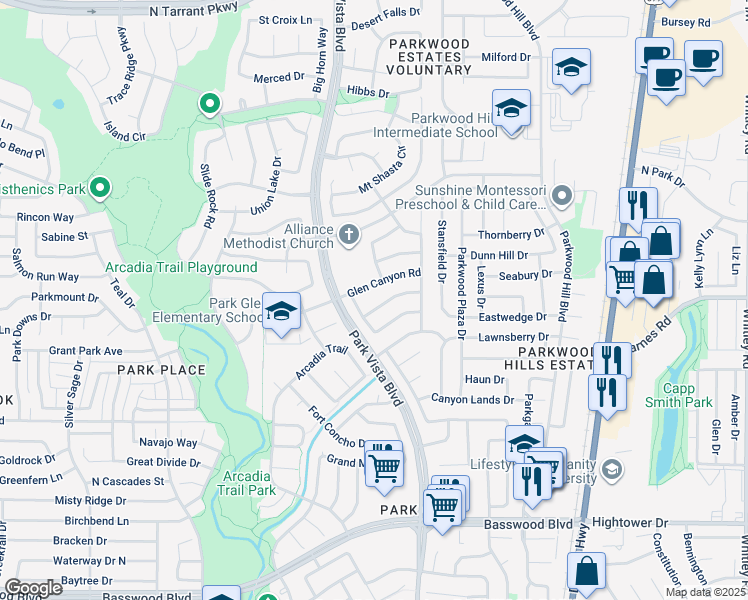 map of restaurants, bars, coffee shops, grocery stores, and more near 5421 Catlow Valley Road in Fort Worth