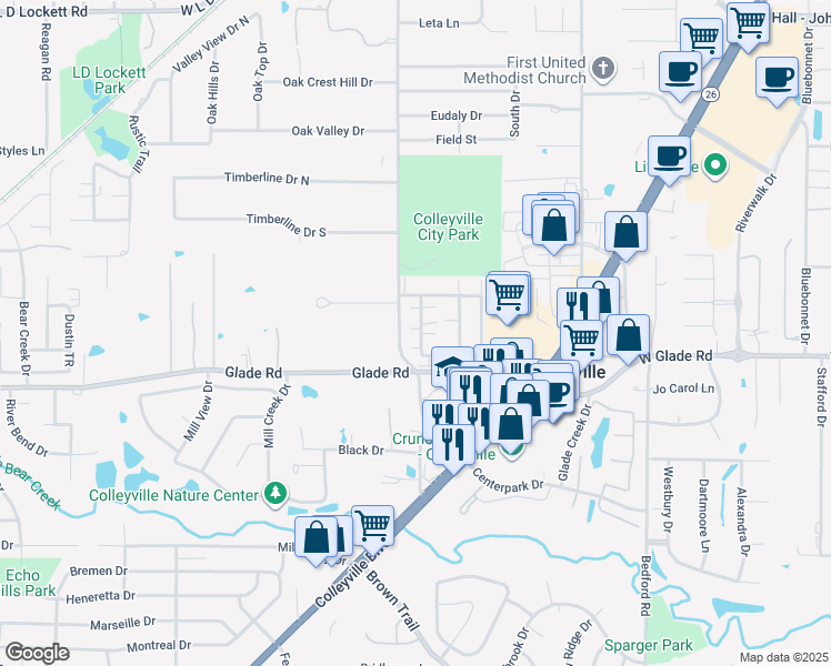 map of restaurants, bars, coffee shops, grocery stores, and more near 1834 Maplewood Trail in Colleyville