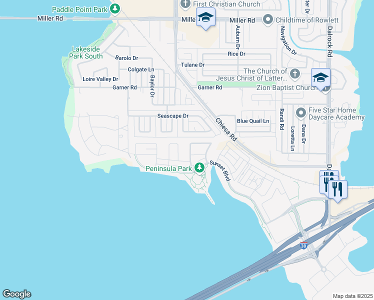 map of restaurants, bars, coffee shops, grocery stores, and more near 7432 Palisades Drive in Rowlett