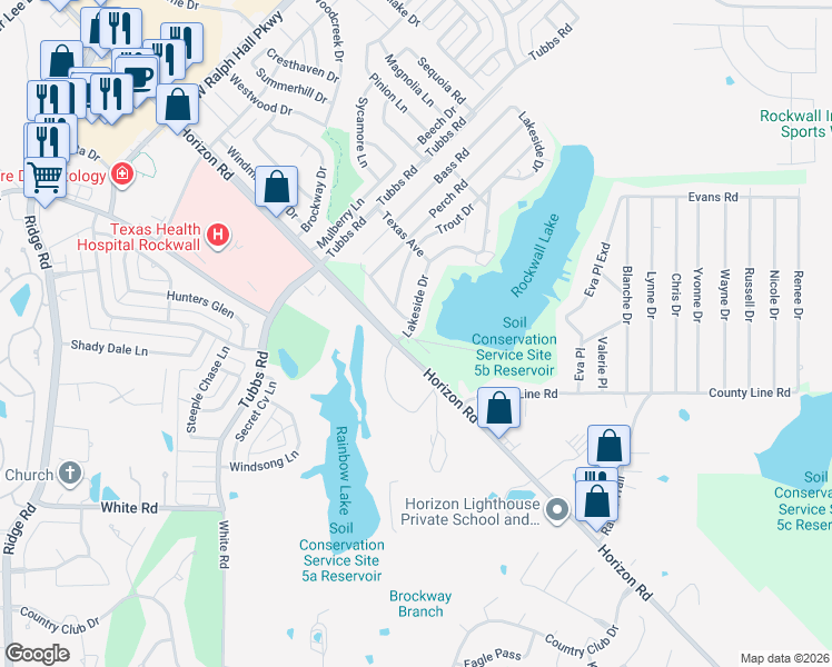 map of restaurants, bars, coffee shops, grocery stores, and more near 139 Lakeside Drive in Rockwall