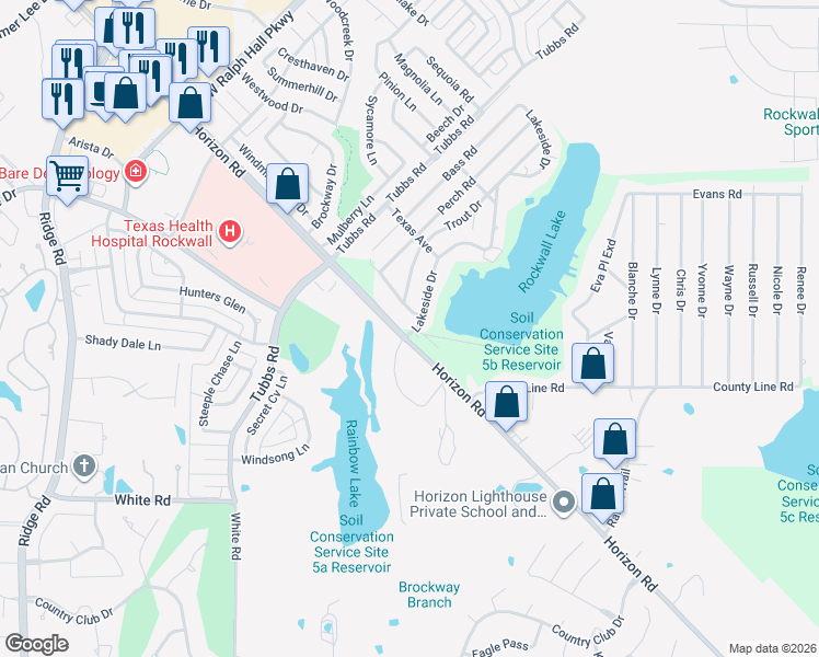 map of restaurants, bars, coffee shops, grocery stores, and more near 139 Lakeside Drive in Rockwall