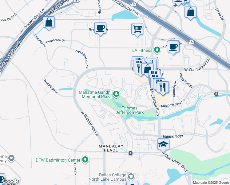 map of restaurants, bars, coffee shops, grocery stores, and more near 1201 Hidden Ridge in Irving
