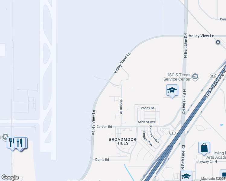 map of restaurants, bars, coffee shops, grocery stores, and more near 5110 Valley View Lane in Irving
