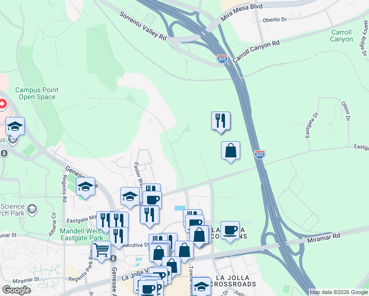 map of restaurants, bars, coffee shops, grocery stores, and more near 9625 Towne Centre Drive in San Diego