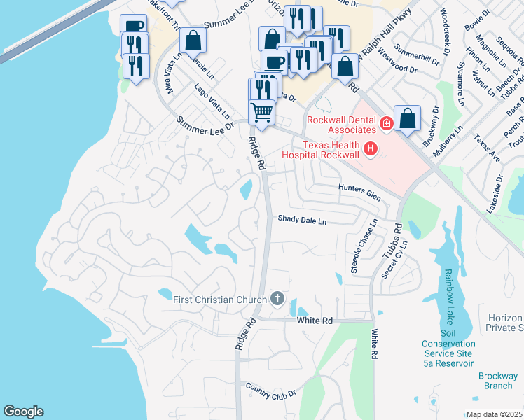 map of restaurants, bars, coffee shops, grocery stores, and more near 5304 Yacht Club Drive in Rockwall