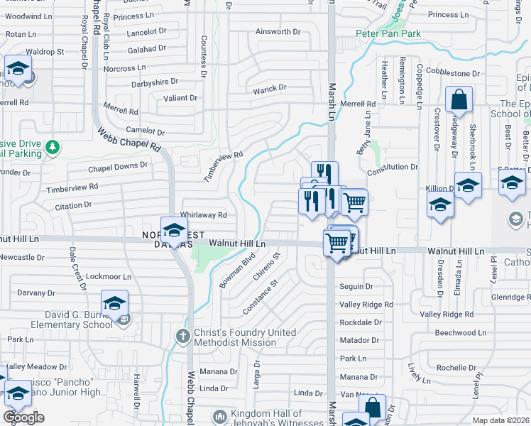 map of restaurants, bars, coffee shops, grocery stores, and more near 3629 Stables Lane in Dallas