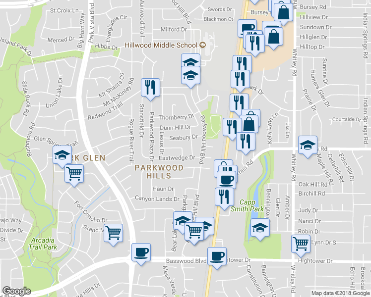 map of restaurants, bars, coffee shops, grocery stores, and more near 7724 Monthaven Drive in Fort Worth