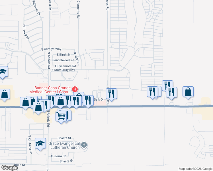 map of restaurants, bars, coffee shops, grocery stores, and more near 1878 East Salk Drive in Casa Grande