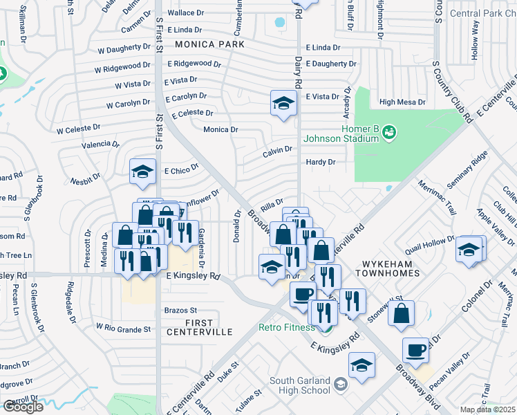 map of restaurants, bars, coffee shops, grocery stores, and more near 606 Donald Drive in Garland