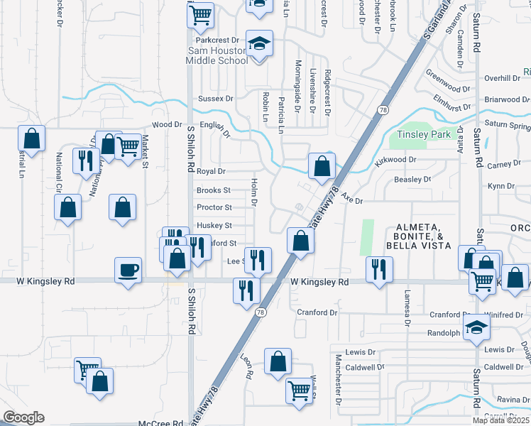map of restaurants, bars, coffee shops, grocery stores, and more near 2609 Holm Drive in Garland