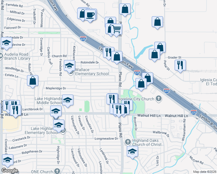 map of restaurants, bars, coffee shops, grocery stores, and more near 10611 Estate Lane in Dallas