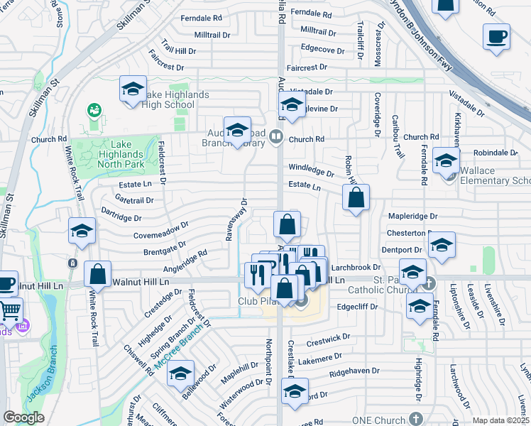 map of restaurants, bars, coffee shops, grocery stores, and more near 9806 Estate Lane in Dallas