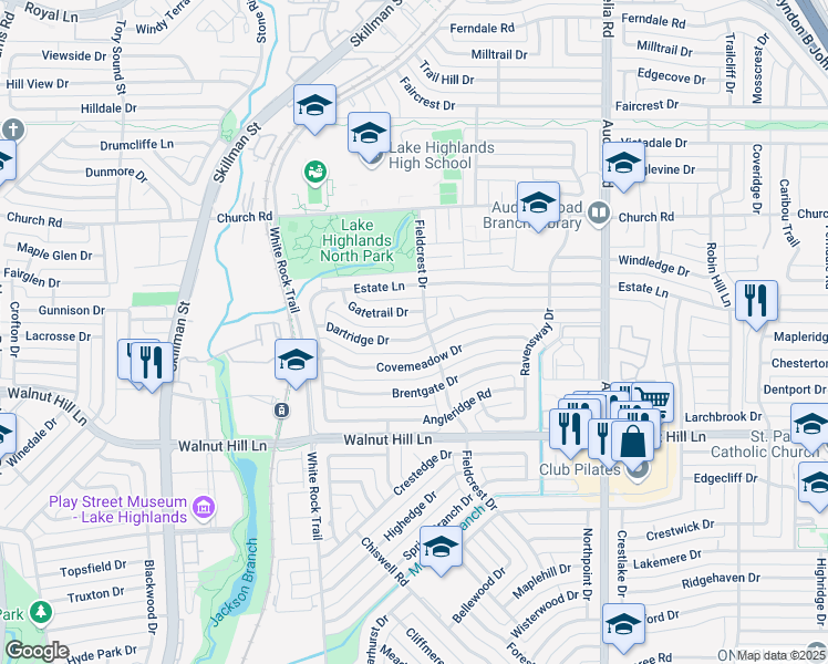 map of restaurants, bars, coffee shops, grocery stores, and more near 9455 Gatetrail Drive in Dallas