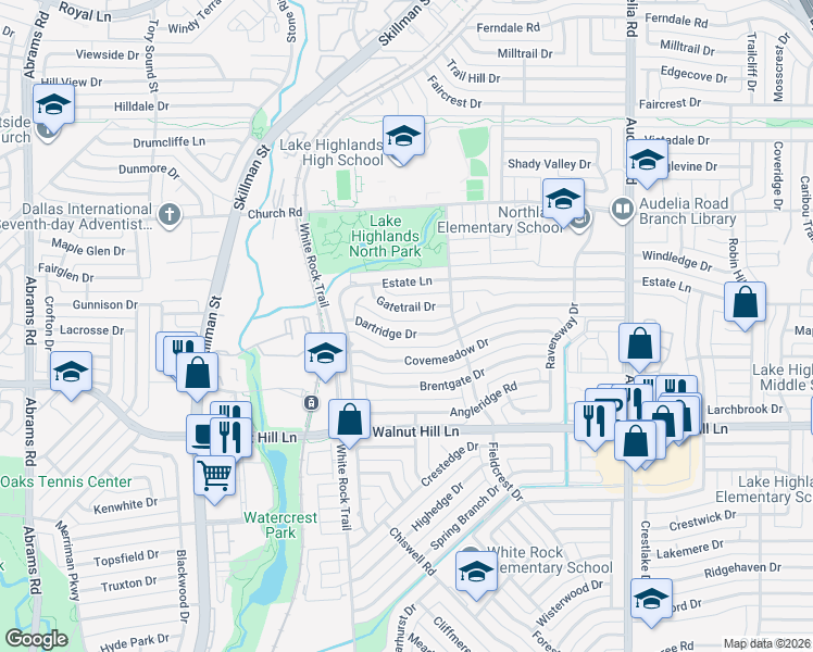 map of restaurants, bars, coffee shops, grocery stores, and more near 9455 Gatetrail Drive in Dallas