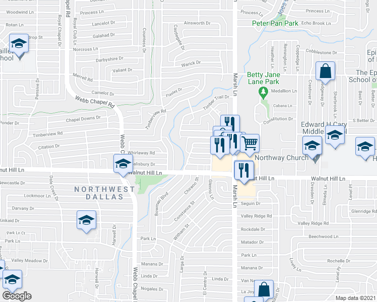 map of restaurants, bars, coffee shops, grocery stores, and more near 3629 Stables Lane in Dallas