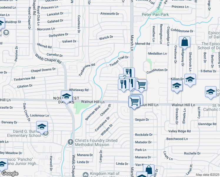 map of restaurants, bars, coffee shops, grocery stores, and more near 3617 Hopetown Drive in Dallas