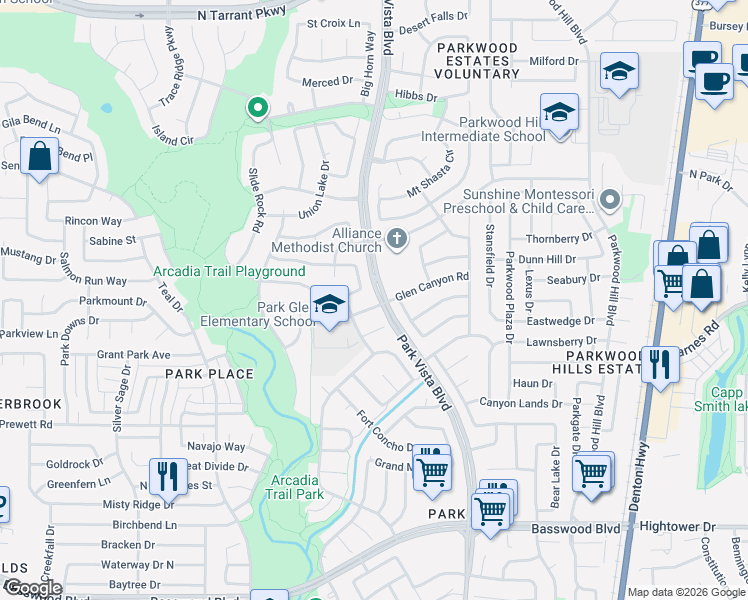 map of restaurants, bars, coffee shops, grocery stores, and more near 8004 Crazy Horse Lane in Fort Worth