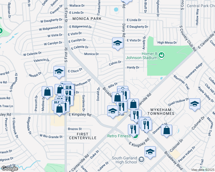 map of restaurants, bars, coffee shops, grocery stores, and more near 606 Donald Drive in Garland