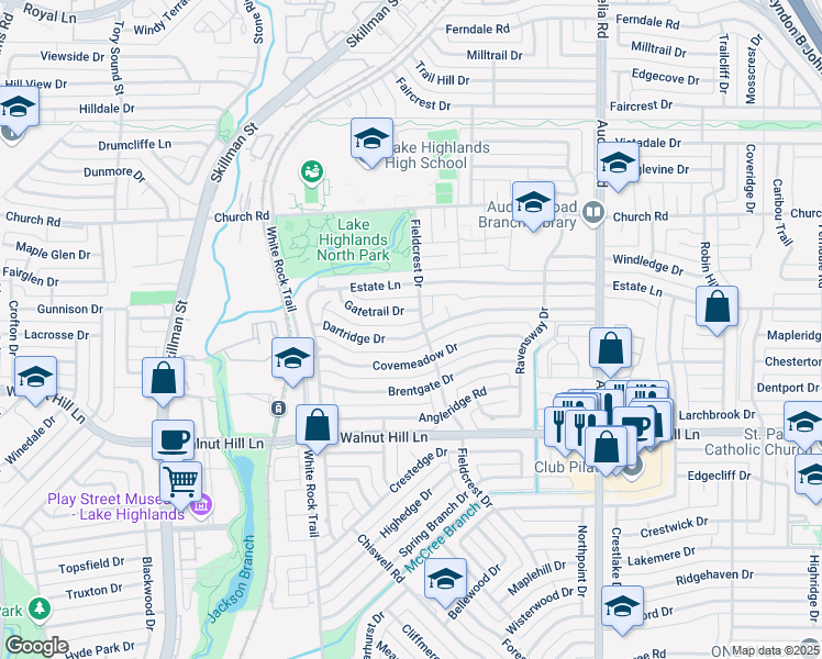 map of restaurants, bars, coffee shops, grocery stores, and more near 9916 Fieldcrest Drive in Dallas