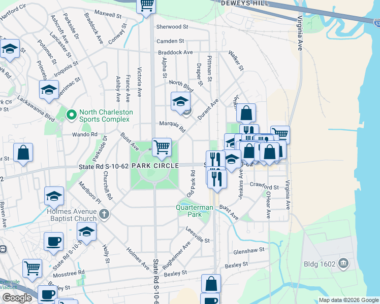 map of restaurants, bars, coffee shops, grocery stores, and more near 4829 Old Park Road in North Charleston