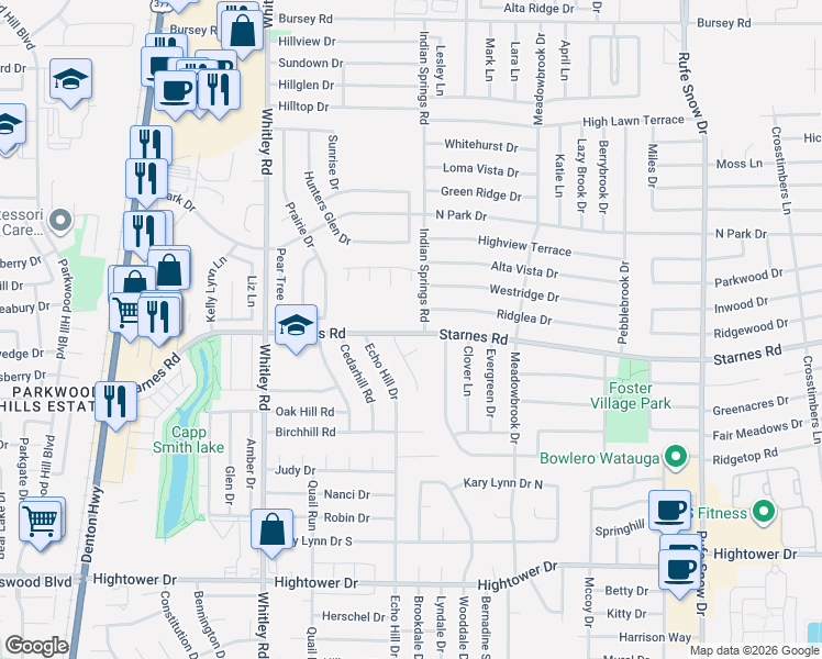 map of restaurants, bars, coffee shops, grocery stores, and more near 6321 Starnes Road in Watauga