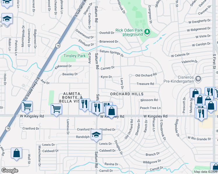map of restaurants, bars, coffee shops, grocery stores, and more near 2908 Charles Drive in Garland