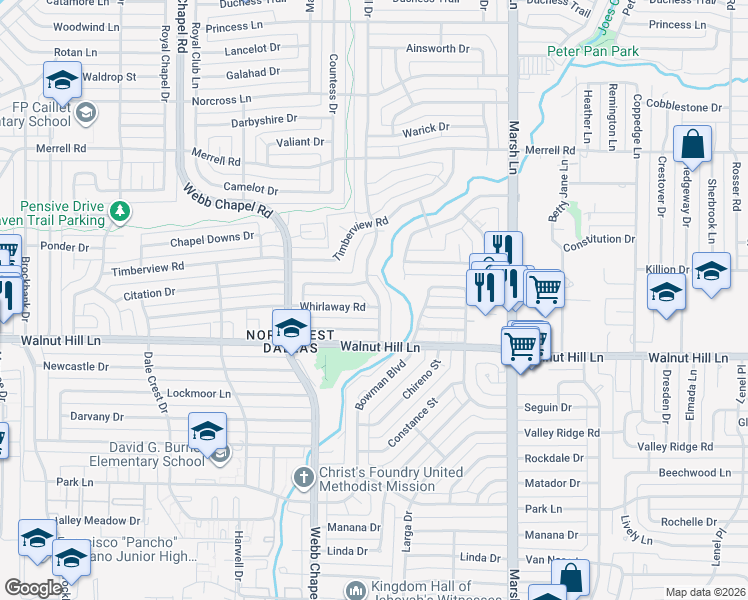 map of restaurants, bars, coffee shops, grocery stores, and more near 3497 Webb Garden Drive in Dallas