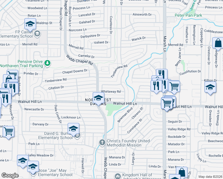 map of restaurants, bars, coffee shops, grocery stores, and more near 3463 Webb Garden Drive in Dallas
