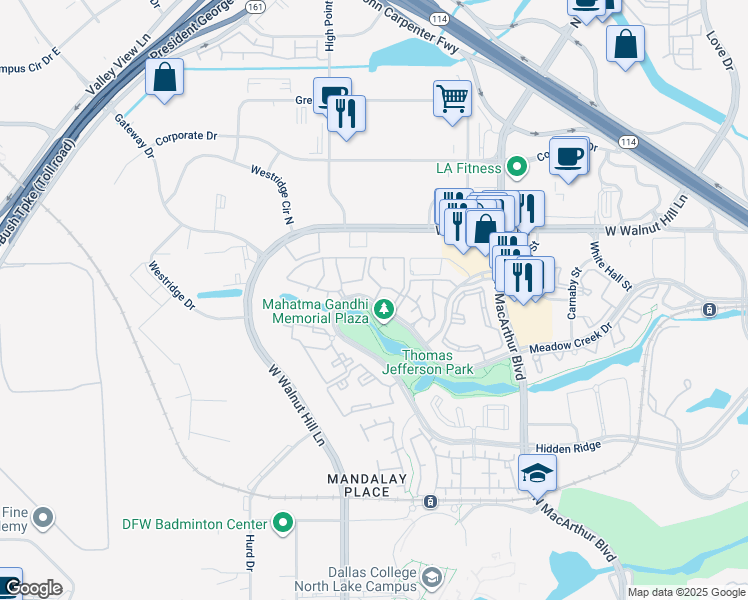 map of restaurants, bars, coffee shops, grocery stores, and more near 1235 Meadow Creek Drive in Irving