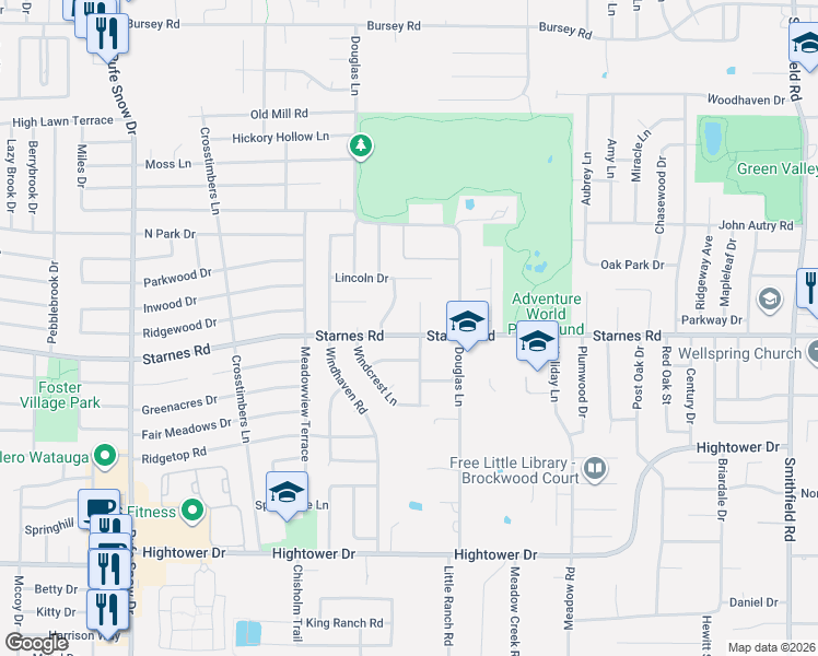 map of restaurants, bars, coffee shops, grocery stores, and more near 7413 Shady Hollow Court in Fort Worth