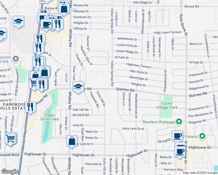 map of restaurants, bars, coffee shops, grocery stores, and more near 6321 Starnes Road in Watauga