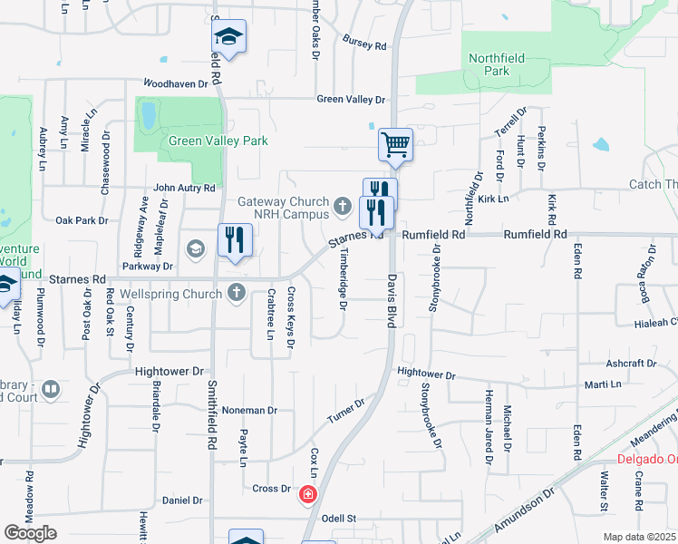 map of restaurants, bars, coffee shops, grocery stores, and more near 7329 Timberidge Drive in Fort Worth