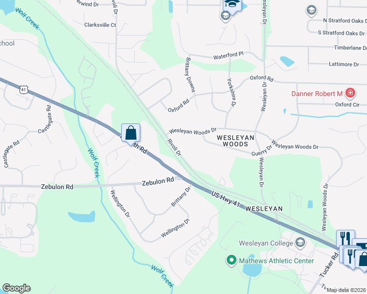 map of restaurants, bars, coffee shops, grocery stores, and more near 5024 Wesleyan Woods Drive in Macon