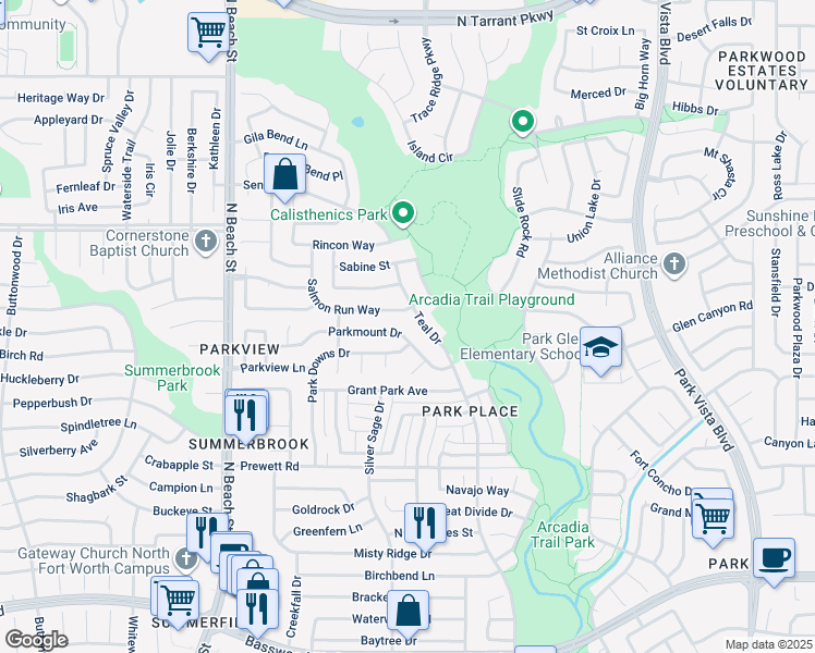 map of restaurants, bars, coffee shops, grocery stores, and more near 4844 Salmon Run Way in Fort Worth