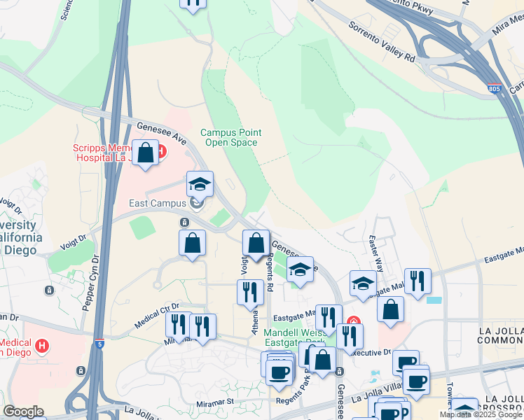 map of restaurants, bars, coffee shops, grocery stores, and more near 9831 Genesee Avenue in San Diego