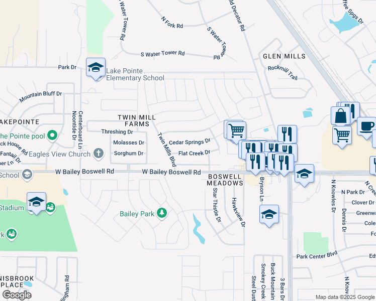 map of restaurants, bars, coffee shops, grocery stores, and more near 5004 Flat Creek Drive in Fort Worth