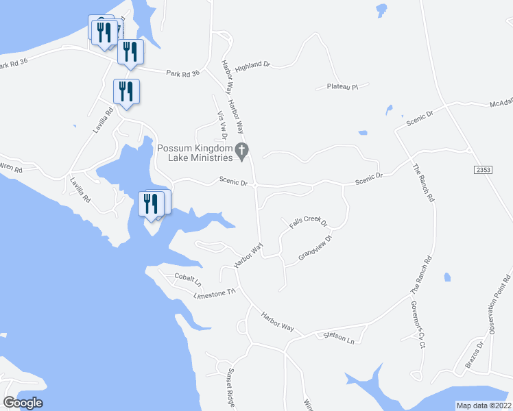 map of restaurants, bars, coffee shops, grocery stores, and more near Harbor Way in Graford