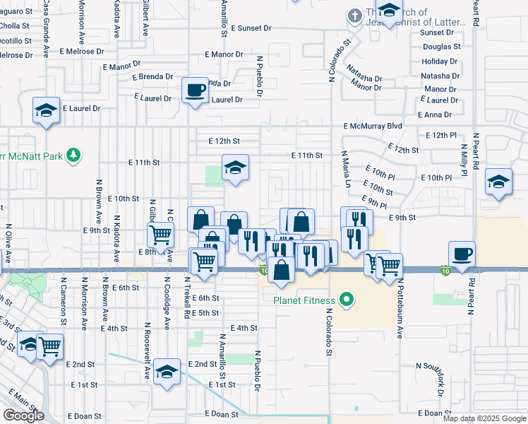 map of restaurants, bars, coffee shops, grocery stores, and more near 1214 East 9th Street in Casa Grande