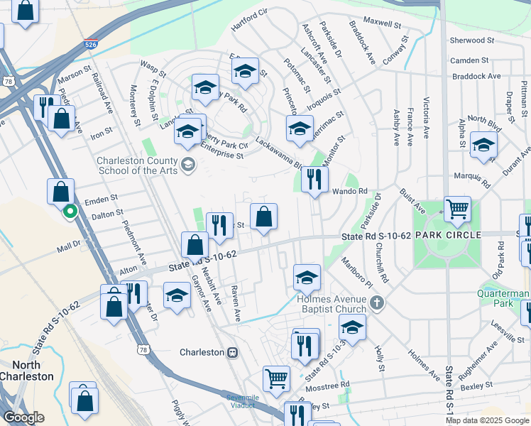 map of restaurants, bars, coffee shops, grocery stores, and more near 4877 Upjohn Road in North Charleston