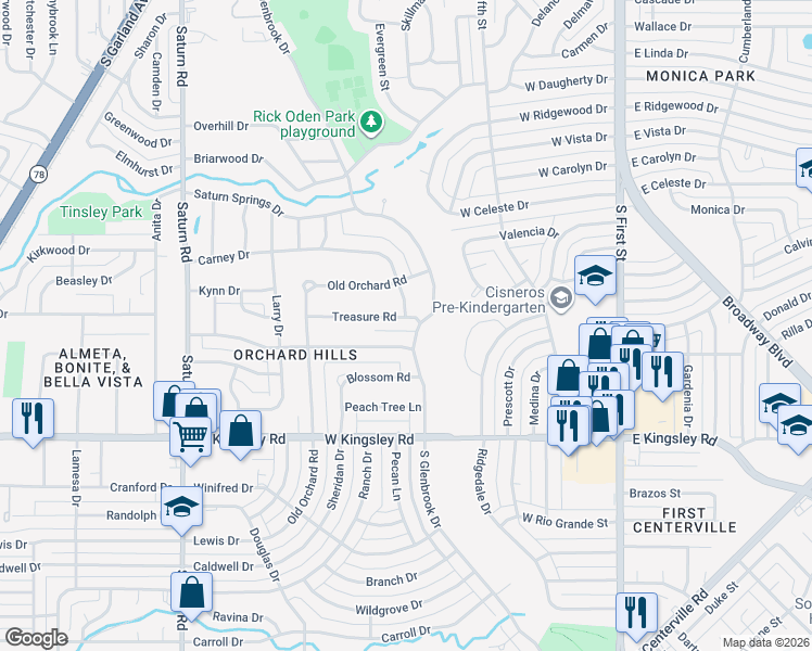 map of restaurants, bars, coffee shops, grocery stores, and more near 2818 Fairfax Drive in Garland