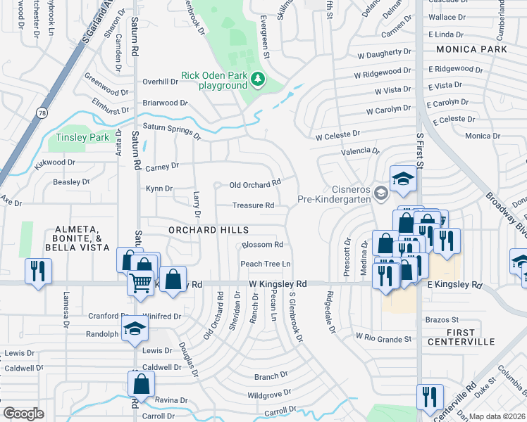 map of restaurants, bars, coffee shops, grocery stores, and more near 913 Treasury Road in Garland