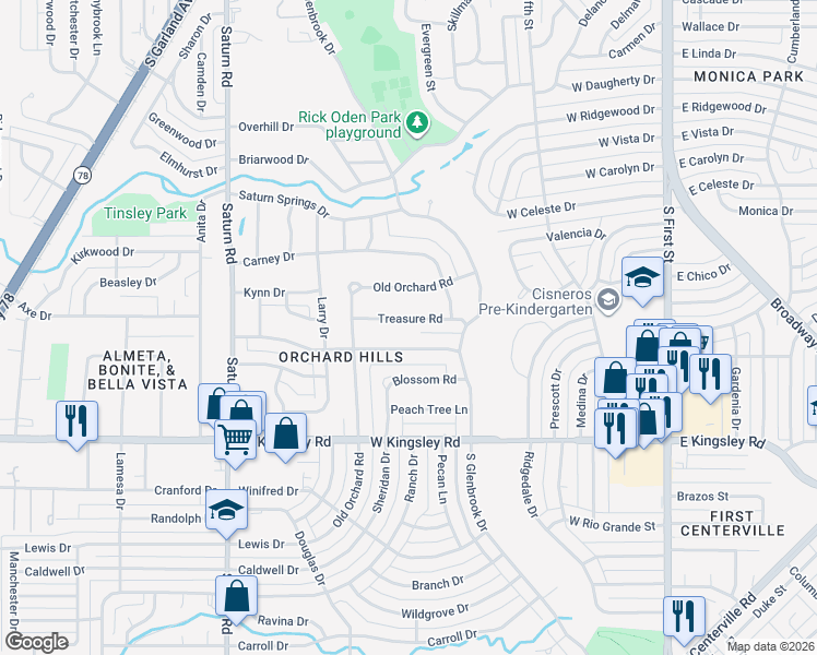 map of restaurants, bars, coffee shops, grocery stores, and more near 913 Treasury Road in Garland