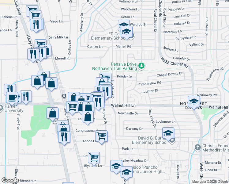map of restaurants, bars, coffee shops, grocery stores, and more near 10103 Brockbank Drive in Dallas