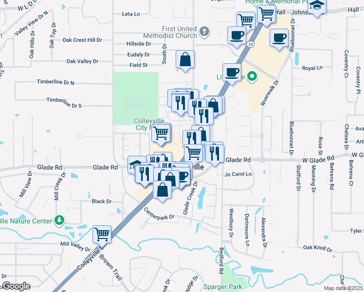 map of restaurants, bars, coffee shops, grocery stores, and more near 37 Village Lane in Colleyville