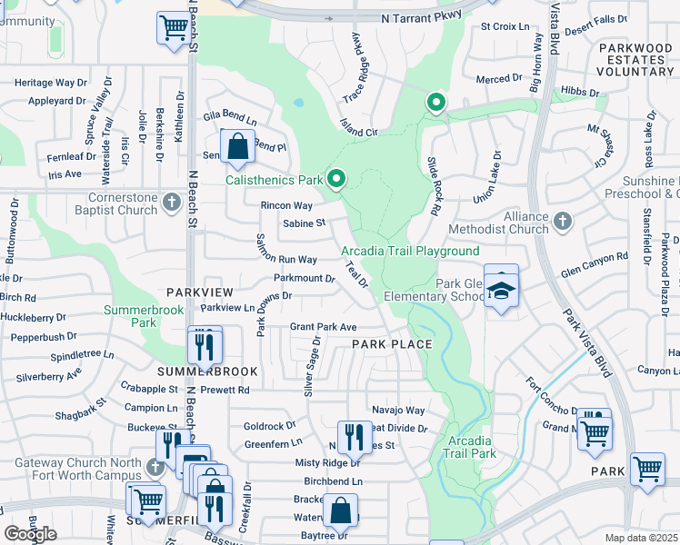 map of restaurants, bars, coffee shops, grocery stores, and more near 4844 Salmon Run Way in Fort Worth