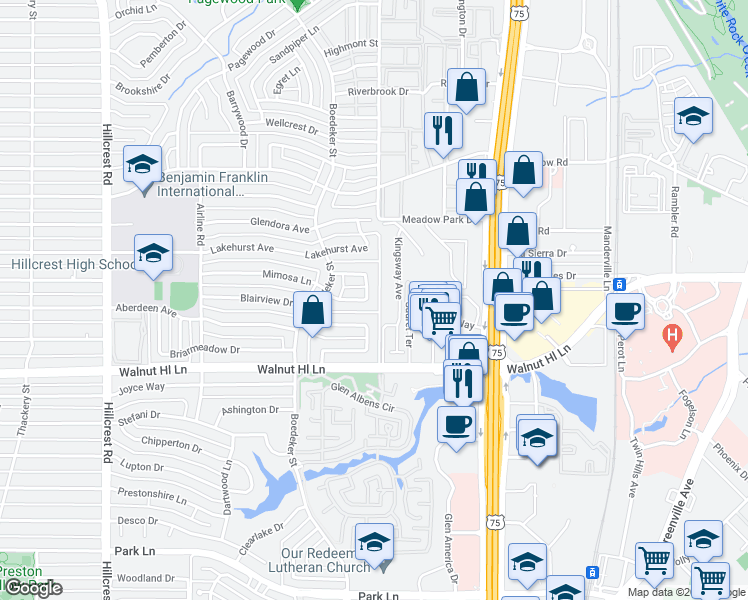 map of restaurants, bars, coffee shops, grocery stores, and more near 7360 Mimosa Lane in Dallas