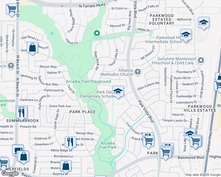 map of restaurants, bars, coffee shops, grocery stores, and more near 4921 Glen Springs Trail in Fort Worth