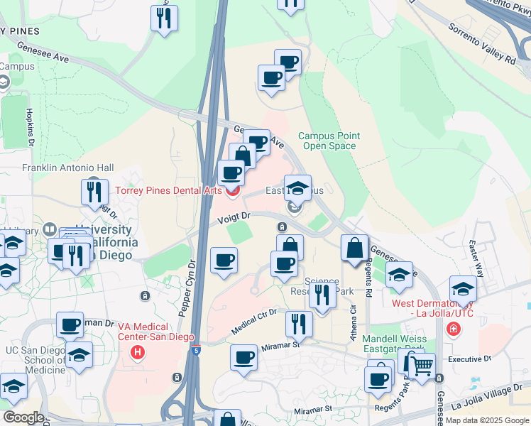 map of restaurants, bars, coffee shops, grocery stores, and more near 3660 Voigt Drive in San Diego