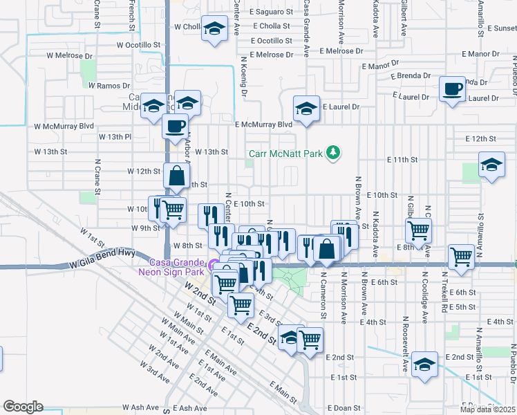 map of restaurants, bars, coffee shops, grocery stores, and more near 212 East 10th Street in Casa Grande