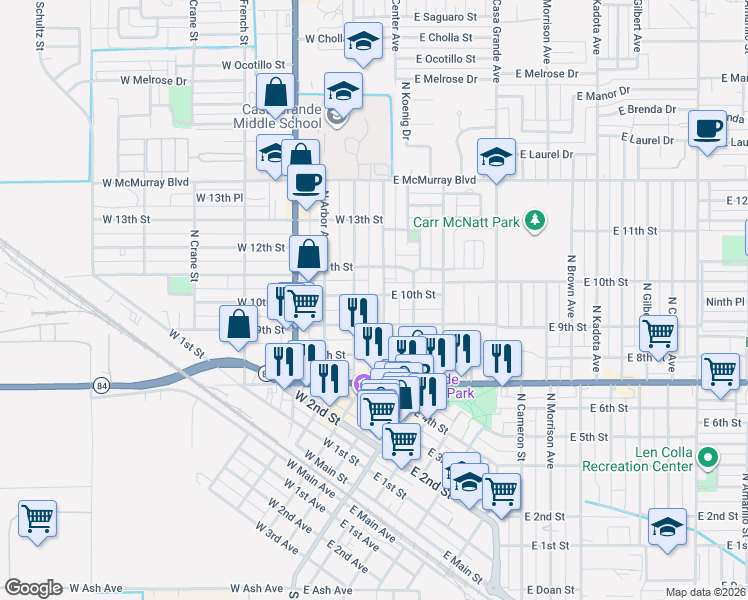 map of restaurants, bars, coffee shops, grocery stores, and more near 923 North Center Avenue in Casa Grande